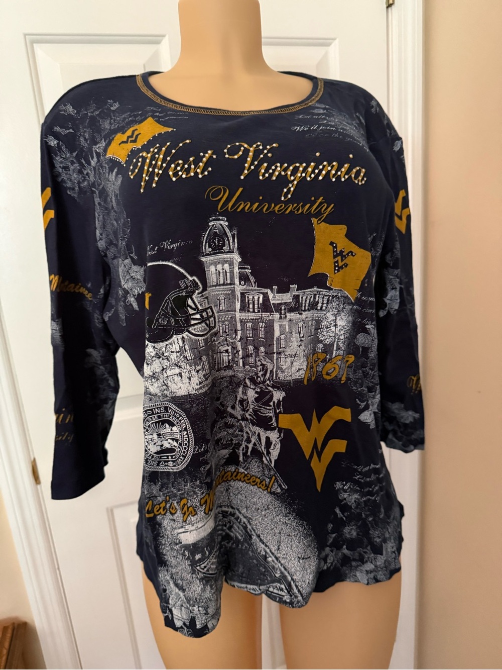 West Virginia University Navy Long Sleeve Embellished Graphic Tee